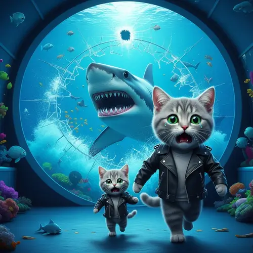 Hyper-Realistic Aquarium Scene: Shark and Grey Cats
