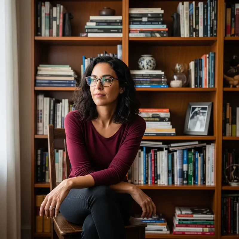 Mia Kalifa | Dark-Haired Woman in Casual Attire Sitting Indoors