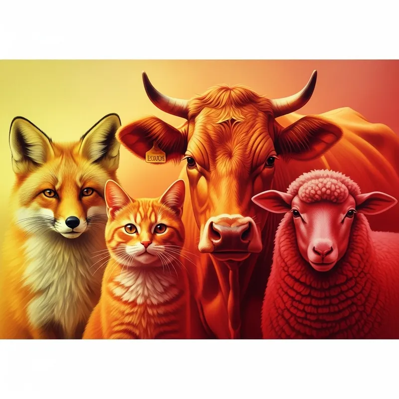 Zorro, Gato, Vaca, Oveja in Yellow Orange Red Gradient