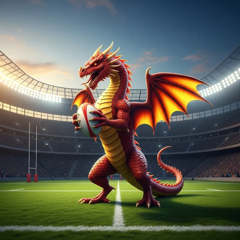 Ferocious Red and Yellow Dragon in Rugby Stadium - Fantasy Illustration