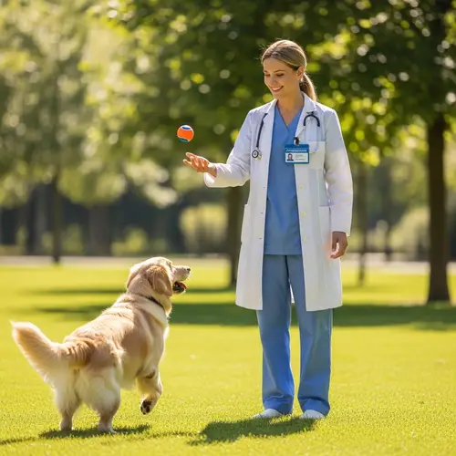 Peaceful Park Break: Woman in Lab Coat with Dog