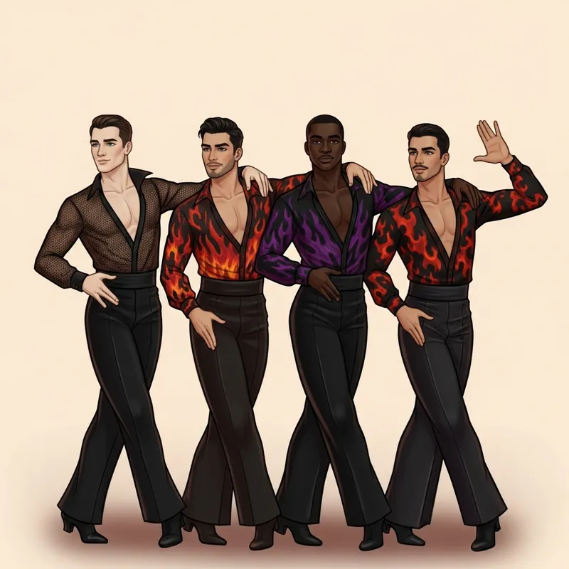 Captivating Latin Dance Costume Design - Alluring Men in Fire-Inspired Attire