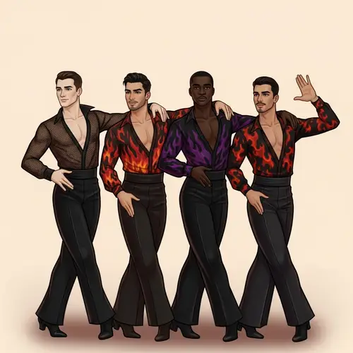 Latin Dance Costume Design Illustration - Alluring Men in Vibrant Attire
