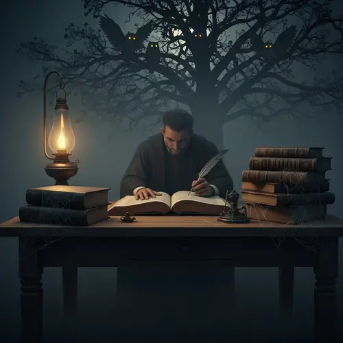 Spooky English Literature Scene with Ghostly Scholar