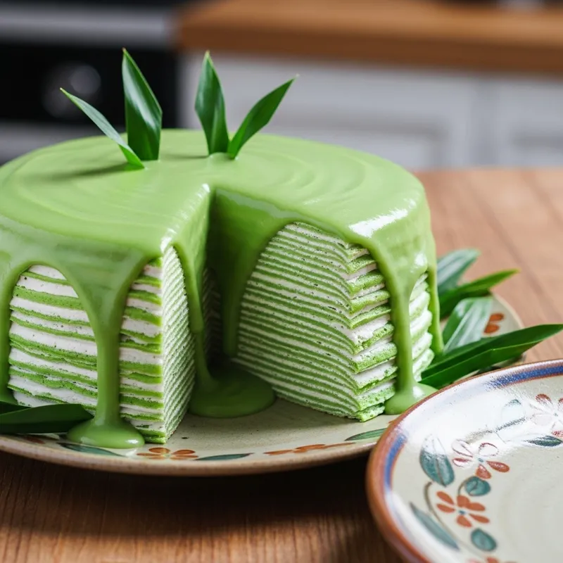 Delicious Pandan Crepe Cake with Coconut Sauce