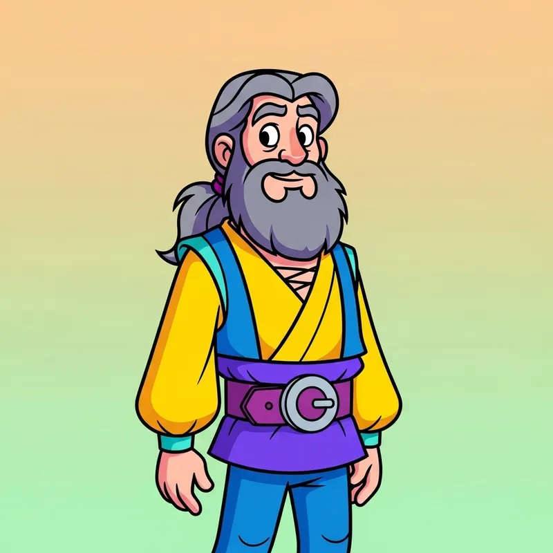 Colorful Cartoon Man with Grey Beard and Long Ponytail Colorful Cartoon Man with Grey Beard and Long Ponytail