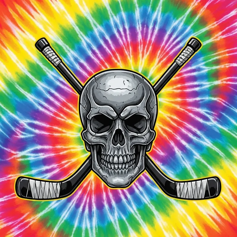 Psychedelic Steel Skull with Ice Hockey Sticks - Tie Dye Art