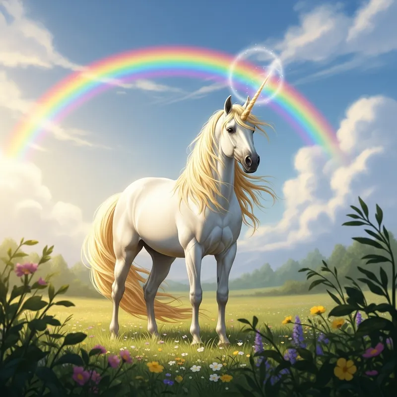 Mystical Unicorn with Rainbow and Golden Mane