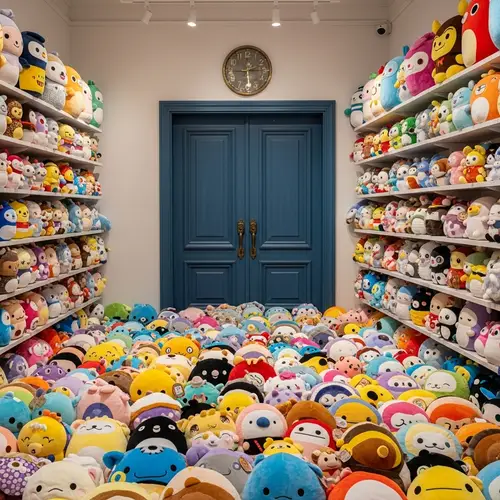 Cozy Room with Colorful Plushies and a Blue Door