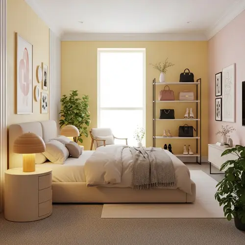 Luxurious Bedroom in Minimalist Pink and Yellow Palette