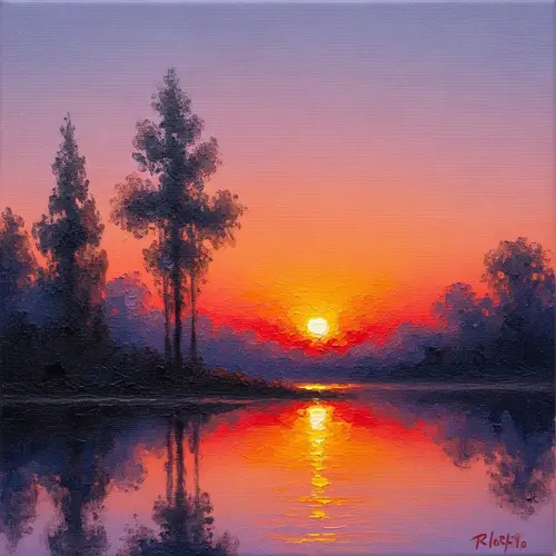 Peaceful Sunset Impressionism Scene - Shades of Orange, Pink, Purple