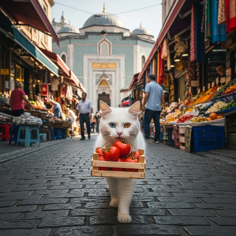 Cat Carrying Crate of Tomatoes in Turkey
