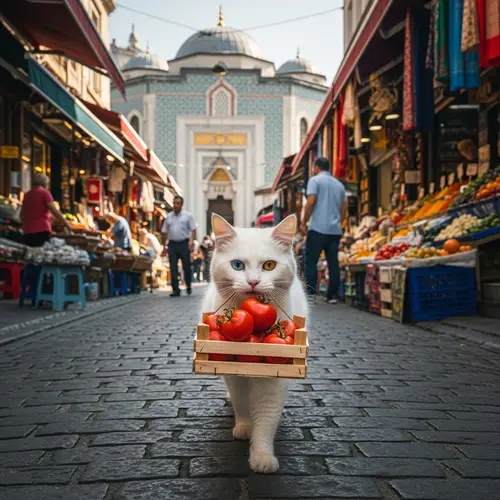 Cat Carrying Crate of Tomatoes in Turkey