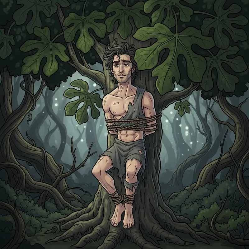 Cartoonish Depiction of Florante Tied to Fig Tree in Enigmatic Forest