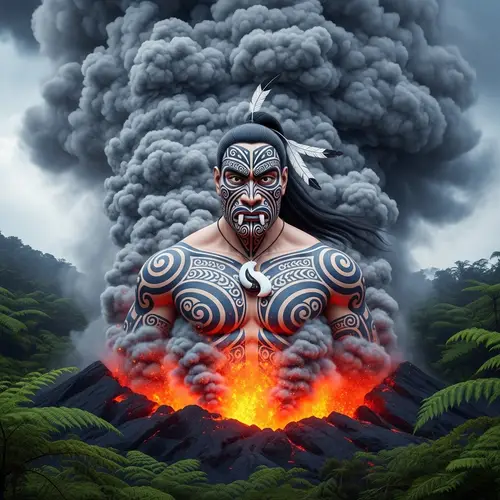 Ultra-HD Maori Guardian Silhouette in Volcano Steam
