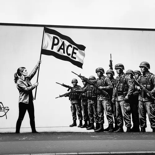 Powerful Mural: Lady with Peace Flag Confronts Military