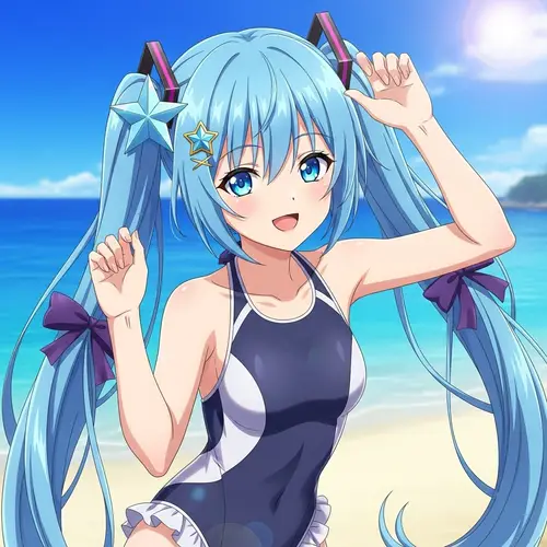 Anime-Style Character with Bright Blue Hair in Swimsuit