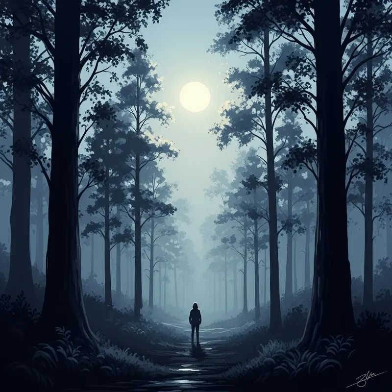 Ethereal Moonlit Forest Scene with Mysterious Figure