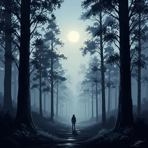 Moonlit Forest Impressionist Painting with Mysterious Figure