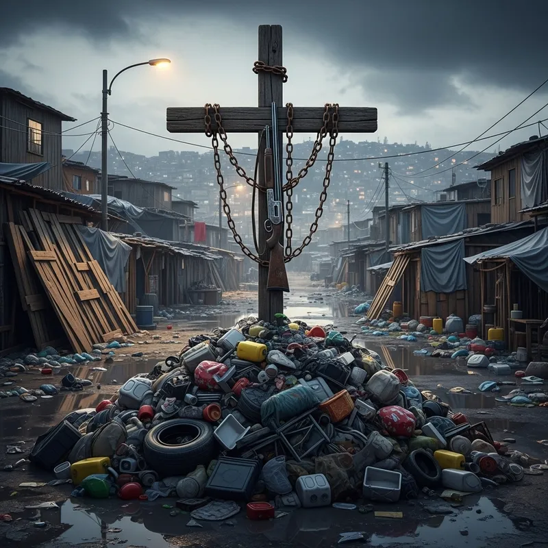 Massive Wooden Cross with Chains and Shotgun in Slum