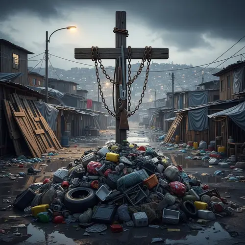 Wooden Cross on Rubbish Heap with Shotgun in Slum