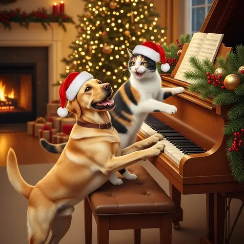 Happy Cat and Dog Playing Festive Music | Christmas Photo