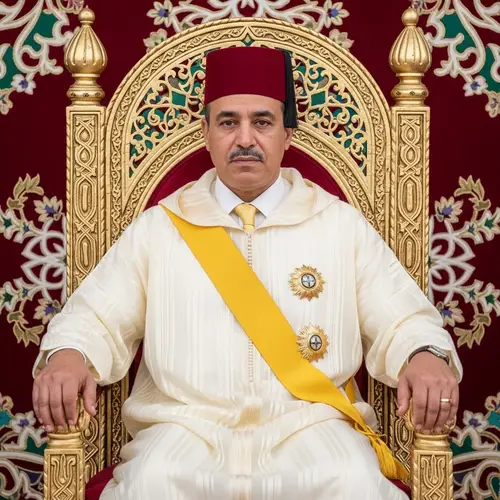 King of Morocco on Royal Throne with Traditional Attire