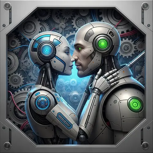 Futuristic Female Robot Kissing Male Robot Scene