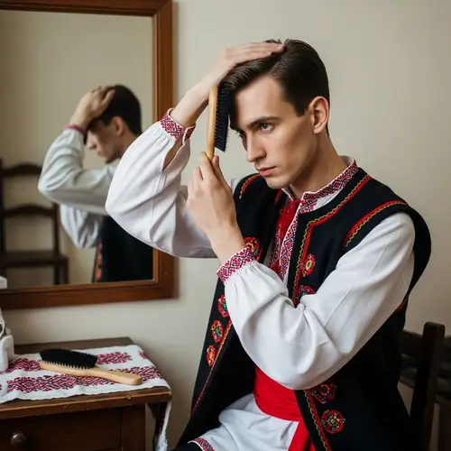Traditional Ukrainian Man Grooming in Lighted Room