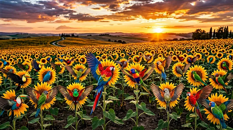 Vibrant Tropical Birds Mimic Sunflowers at Sunset Vibrant Tropical Birds Mimic Sunflowers at Sunset