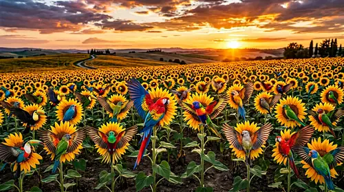 Vibrant Tropical Birds Mimic Sunflowers at Sunset