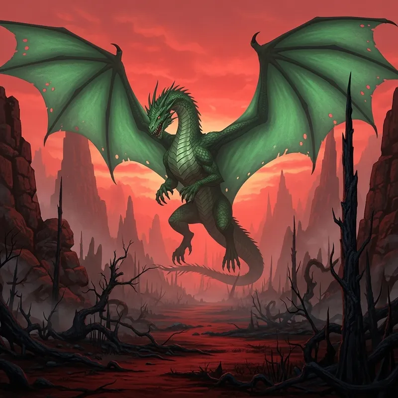 Emerald Dragon Flying Over Hellish Terrain