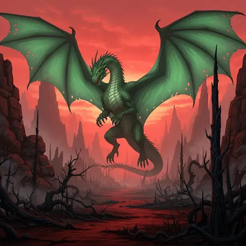 Emerald-Green Dragon Descends in Harsh Red Light