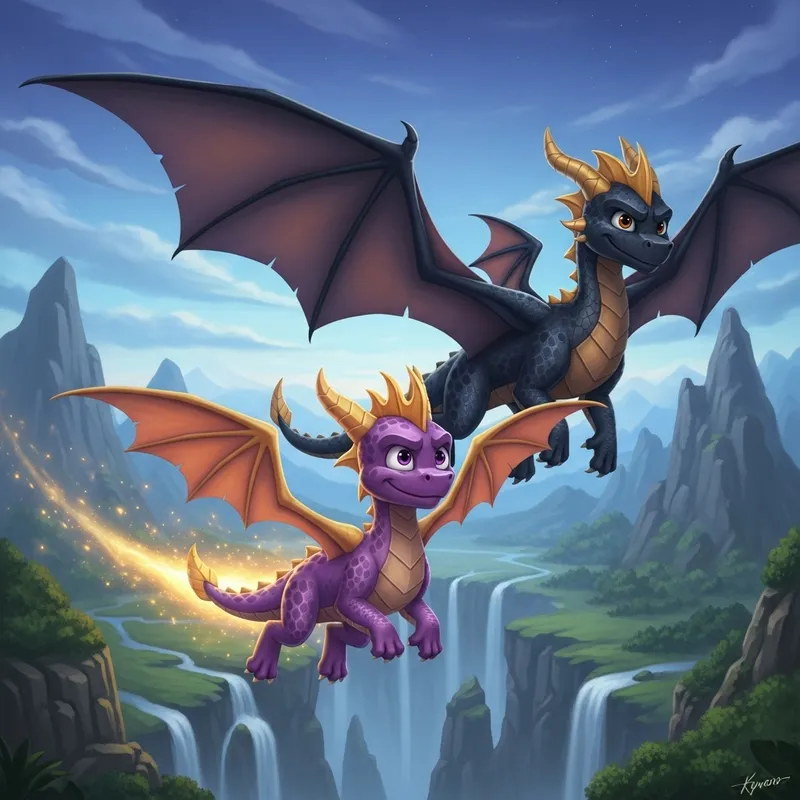Spyro and Black Dragon Kiano - Majestic Dragon Duo in Flight Spyro and Black Dragon Kiano - Majestic Dragon Duo in Flight