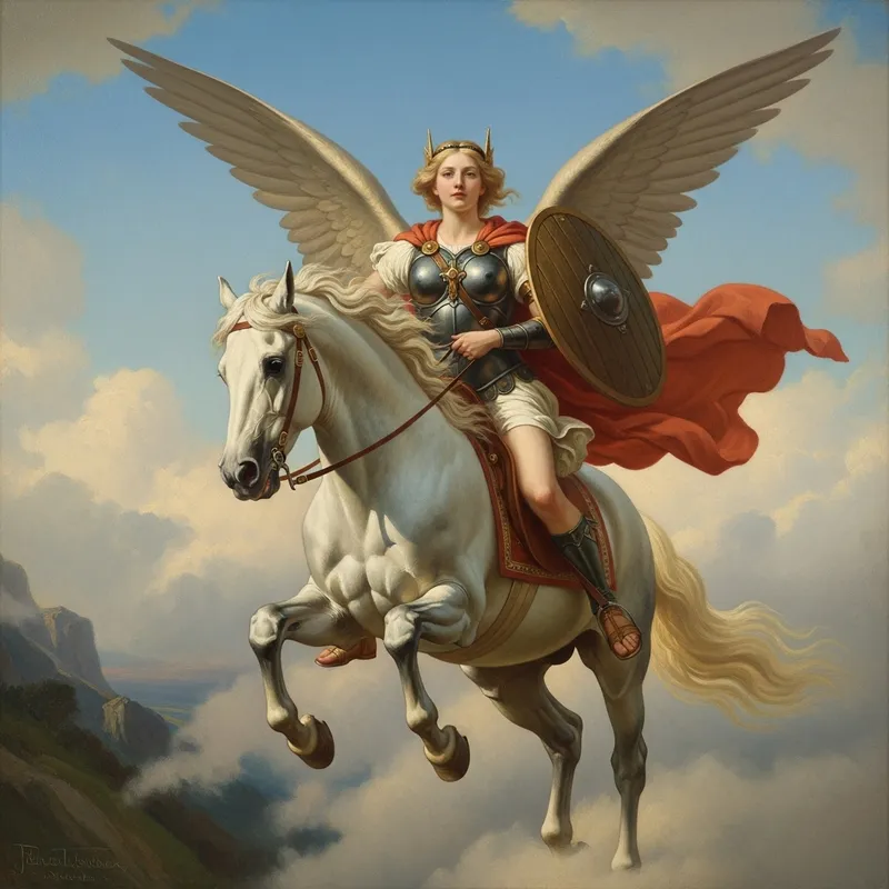 Ethereal Valkyrie Riding Her White Horse Above Clouds - Oil Painting Masterpiece