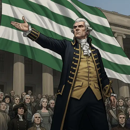 Historical Figure Giving Speech with Green and White Flag Background