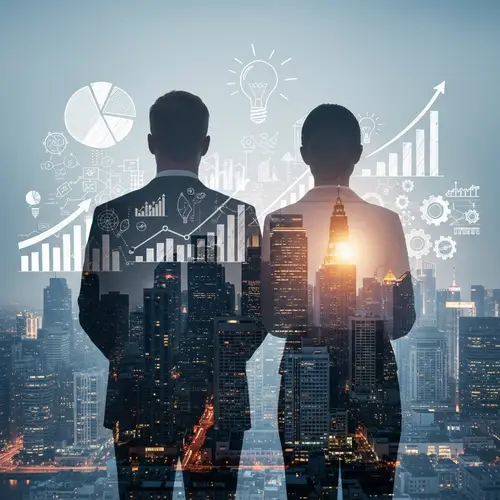 Double Exposure of Businessman and Businesswoman in Urban Landscape