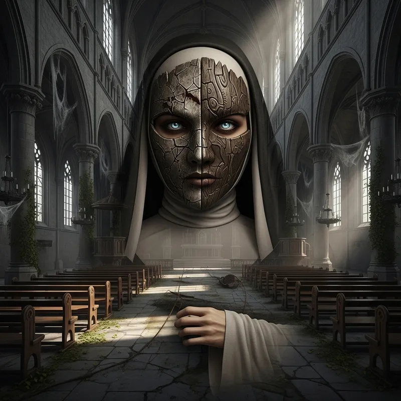 Ominous Nun with Piercing Stare in Deserted Church
