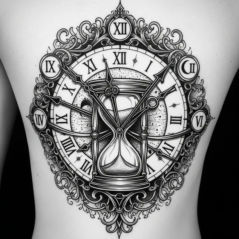 Time Tattoo Design - Monochrome Hourglass & Roman Numerals