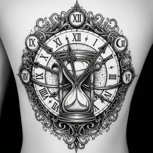 Detailed Time Tattoo Design - Monochrome Hourglass & Clock Hands