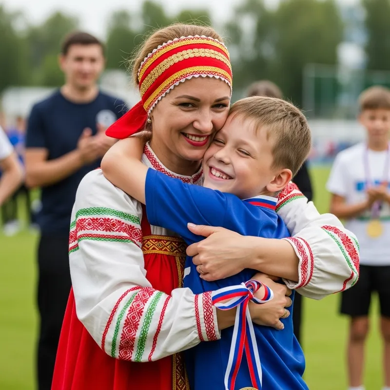 Russian Mother and Son Embrace After Victory