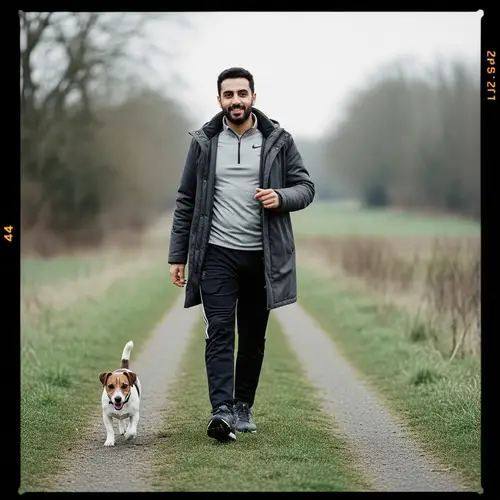 Tranquil Countryside Stroll: Man & Terrier in Vintage Charm