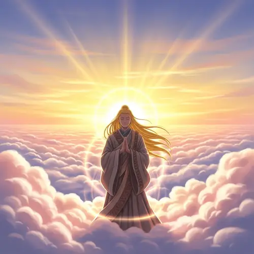 Heavenly Realms: Mystical Figure in Traditional Robes at Sunrise