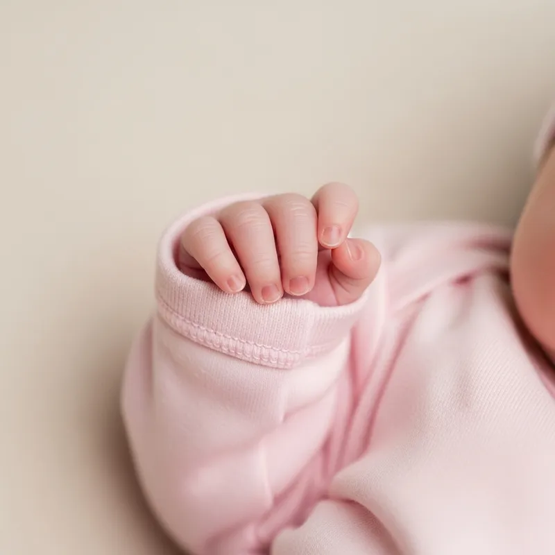 Delicate Newborn Baby Hand in Pink Clothing on Soft Beige Background