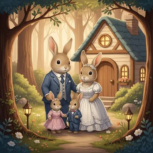Enchanting Rabbit Family in Elegant Formal Attire | Forest Setting