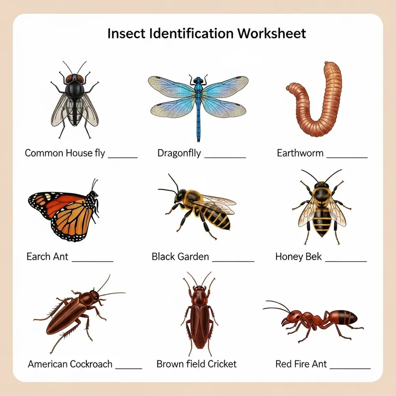 Educational Insects Worksheet: Fly, Dragonfly, Worm, Butterfly & More