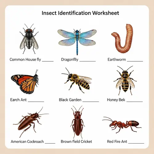 Educational Insects Worksheet: Fly, Dragonfly, Worm, Butterfly & More