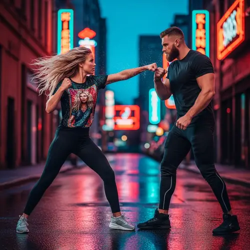 Blonde woman punching professional football player