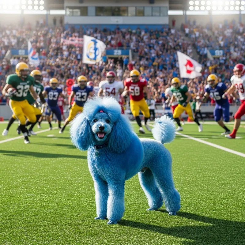 Vibrant Blue Poodle Strutting on Green Football Field