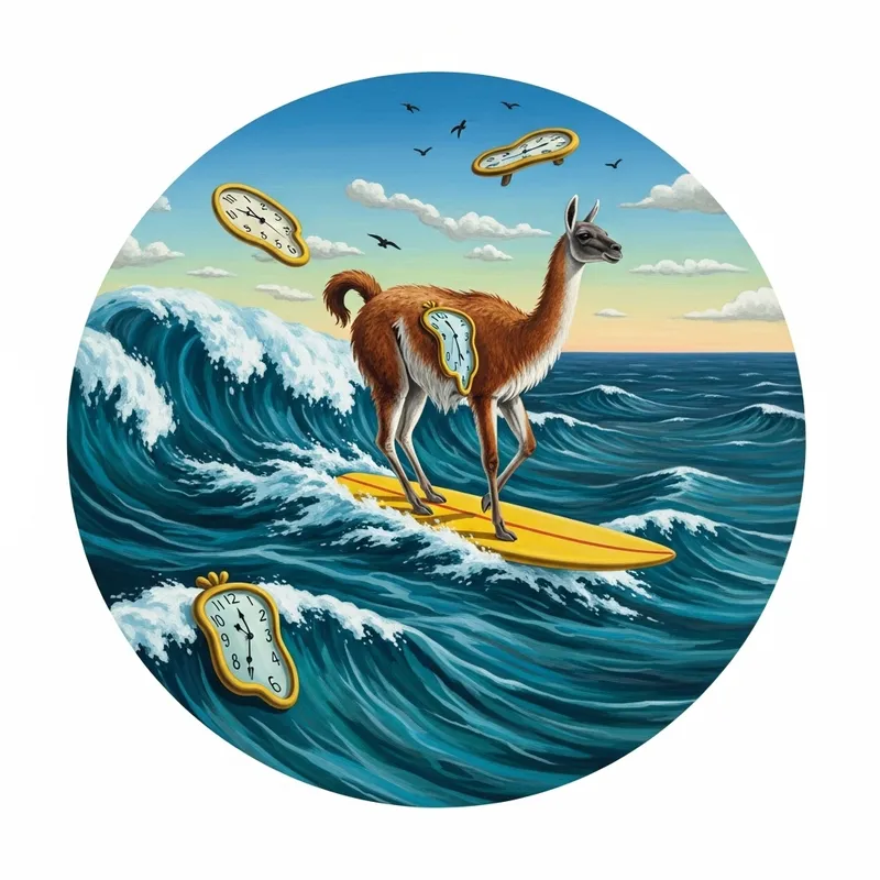 Surreal Lama Riding Surfboard in Ocean Wave Art